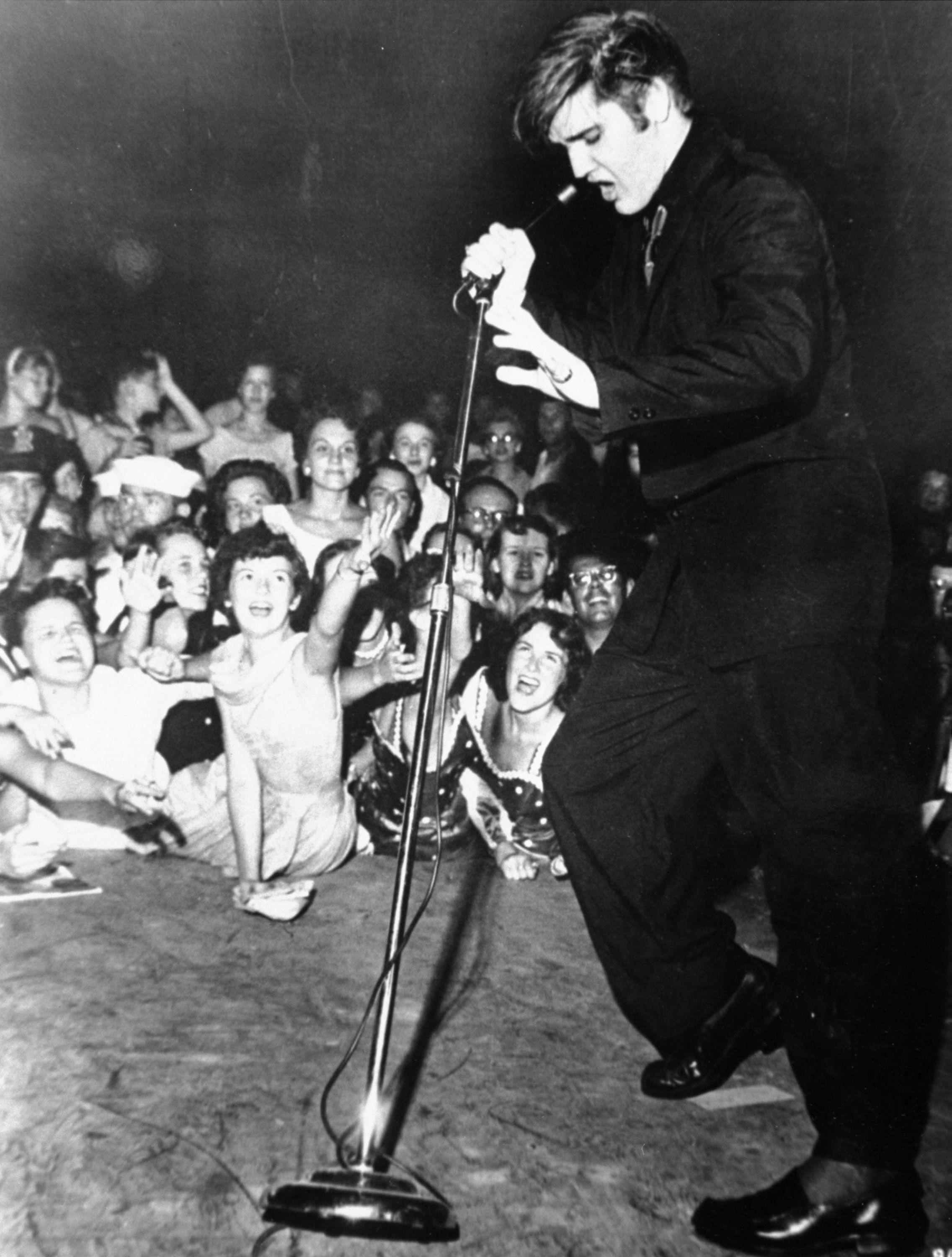 Elvis Presley performing at the Mississippi-Alabama State Fair in 1956.