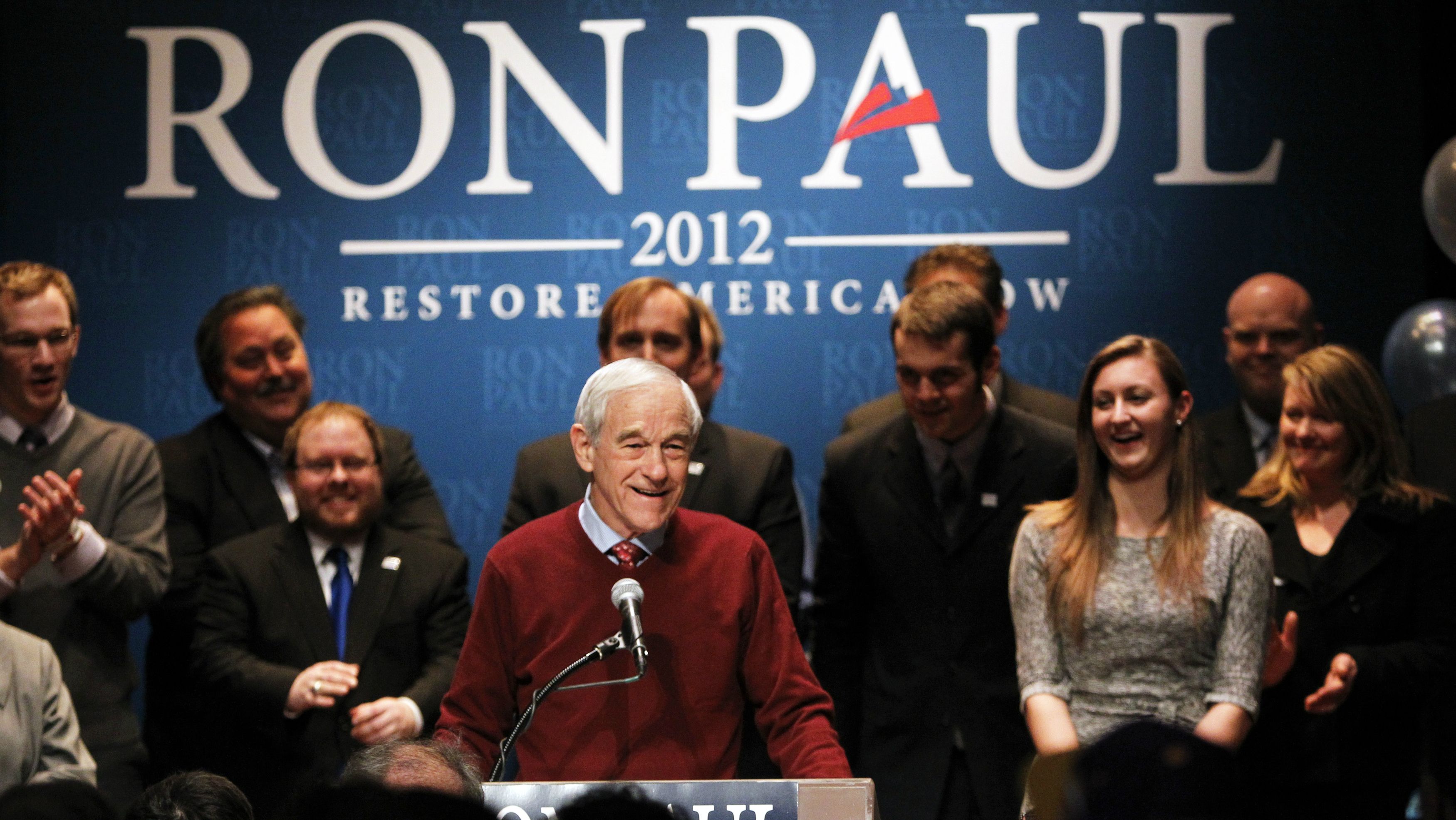 Ron Paul speaks at a caucus night rally in Golden Valley, Minnesota, on Feb. 7, 2012.